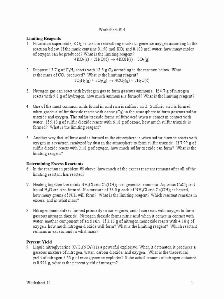 Limiting And Excess Reactants Worksheet Answers