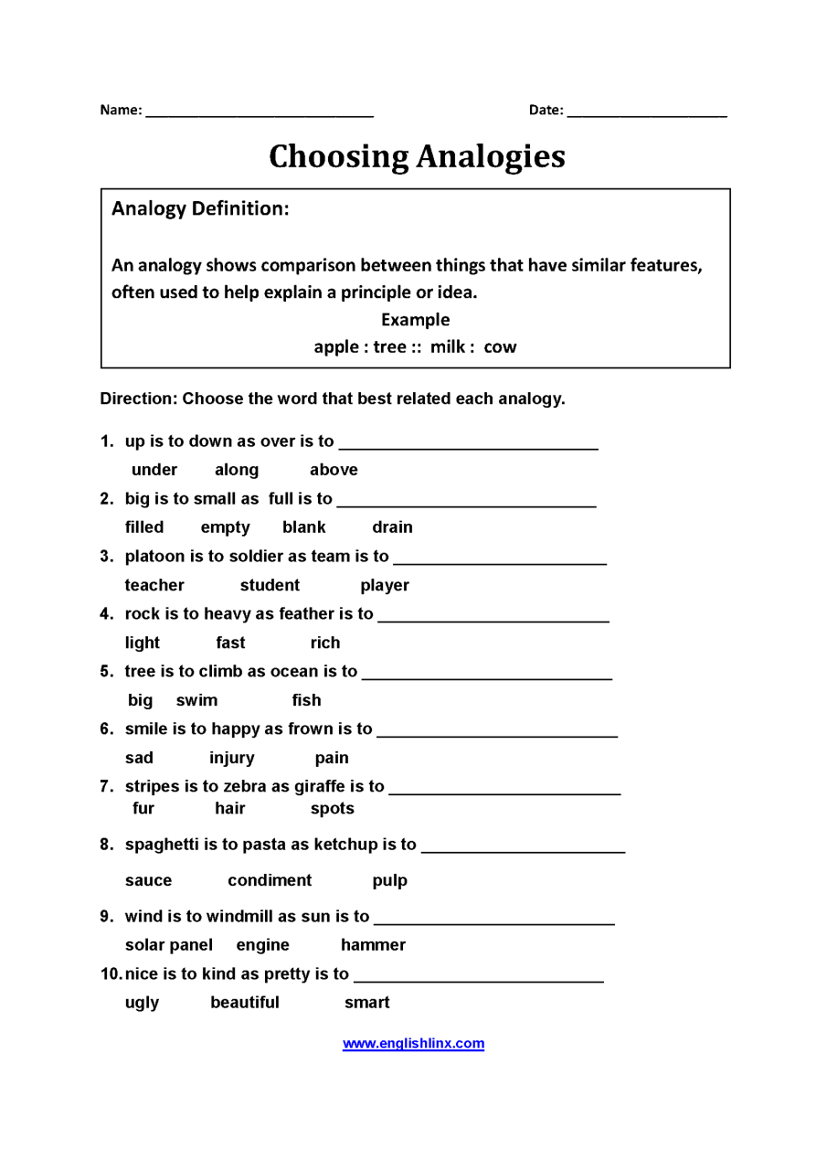 Analogy Worksheets With Answers Pdf