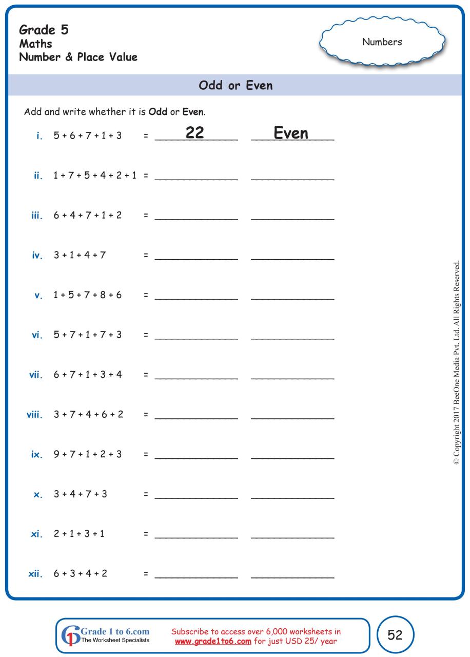 Fifth Grade Math Worksheets Grade 5