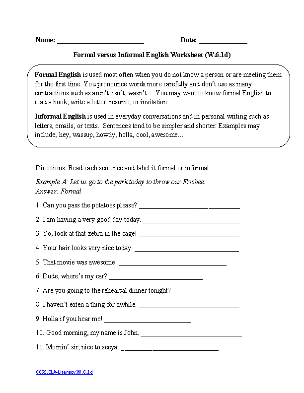 Ela Worksheets For 6th Grade