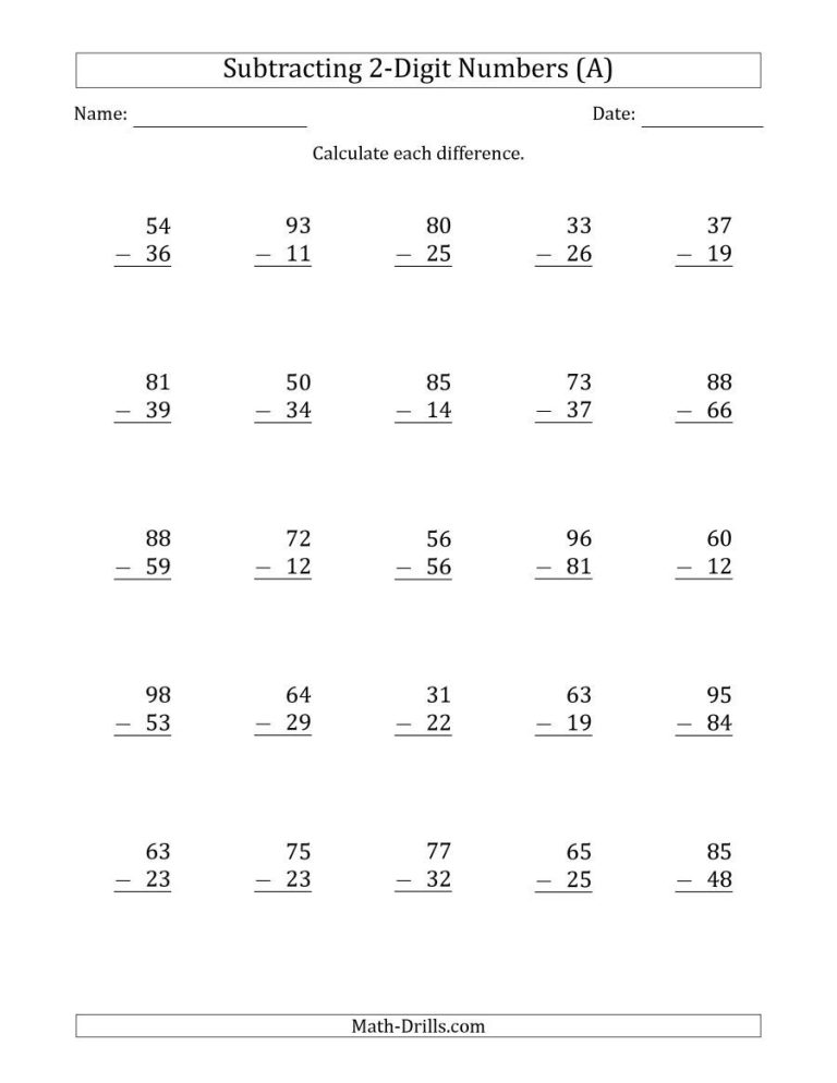 2 Digit Subtraction Worksheets For Grade 3