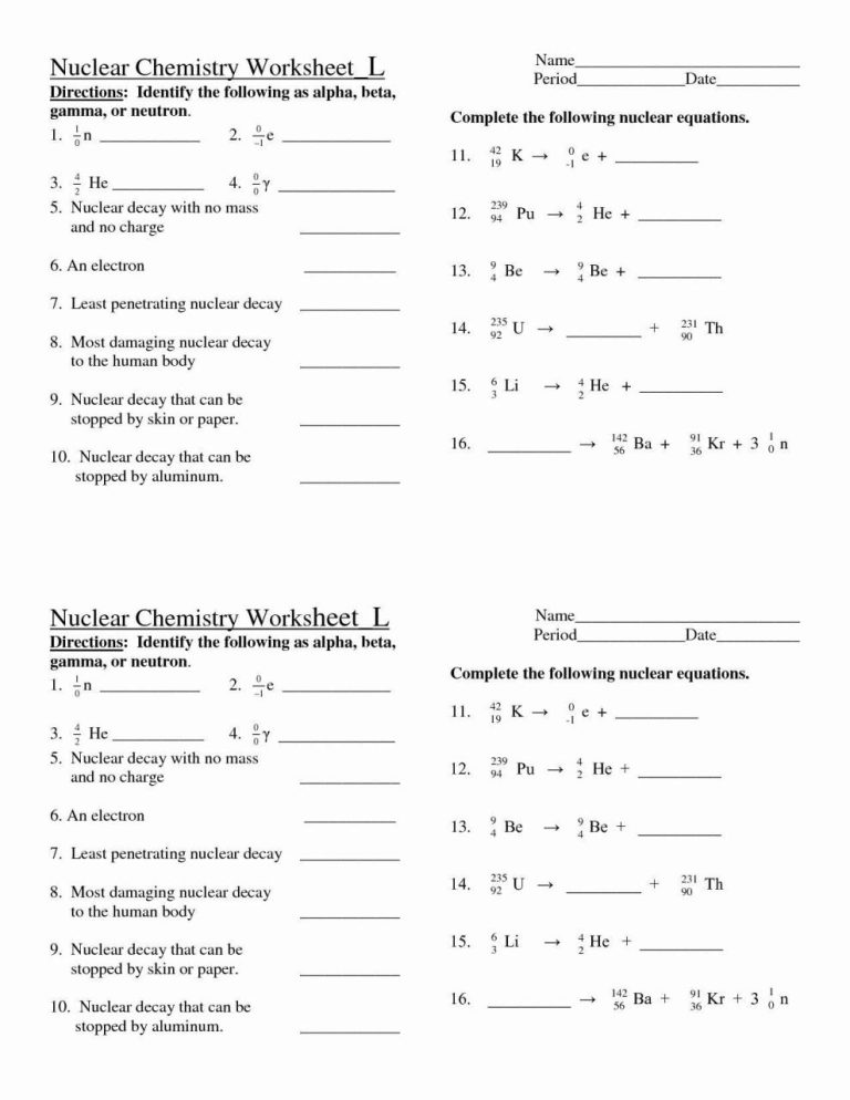 Chemistry Worksheet Answers