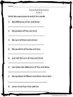 Writing Algebraic Expressions Worksheet Answer Key