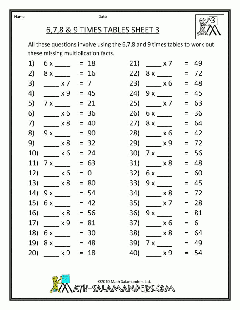 Printable Multiplication Worksheets 6 7 8 9