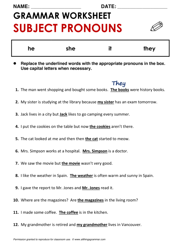 Object Pronouns Worksheet Grade 4