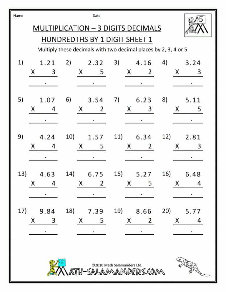 Fifth Grade Math Worksheets 5th Grade Multiplication
