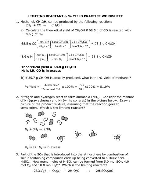 Limiting Reactant And Percent Yield Practice Worksheet Answer Key