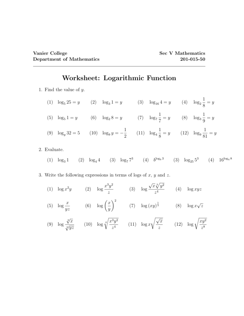 Logarithm Worksheet Algebra 2