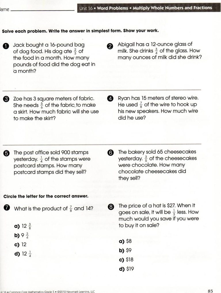 6Th Grade Math Word Problems Worksheets With Answers Pdf