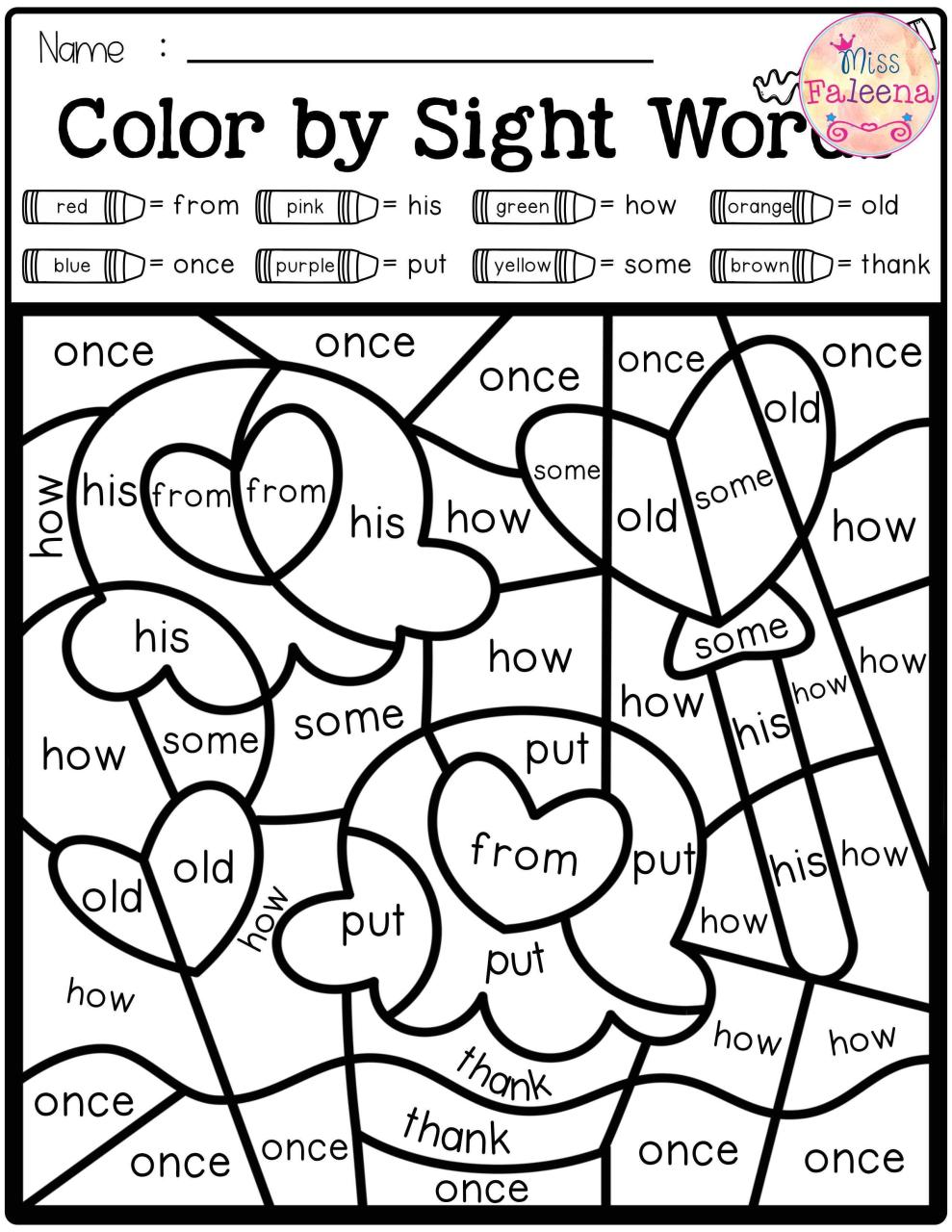 Free Color Sight Words Worksheets
