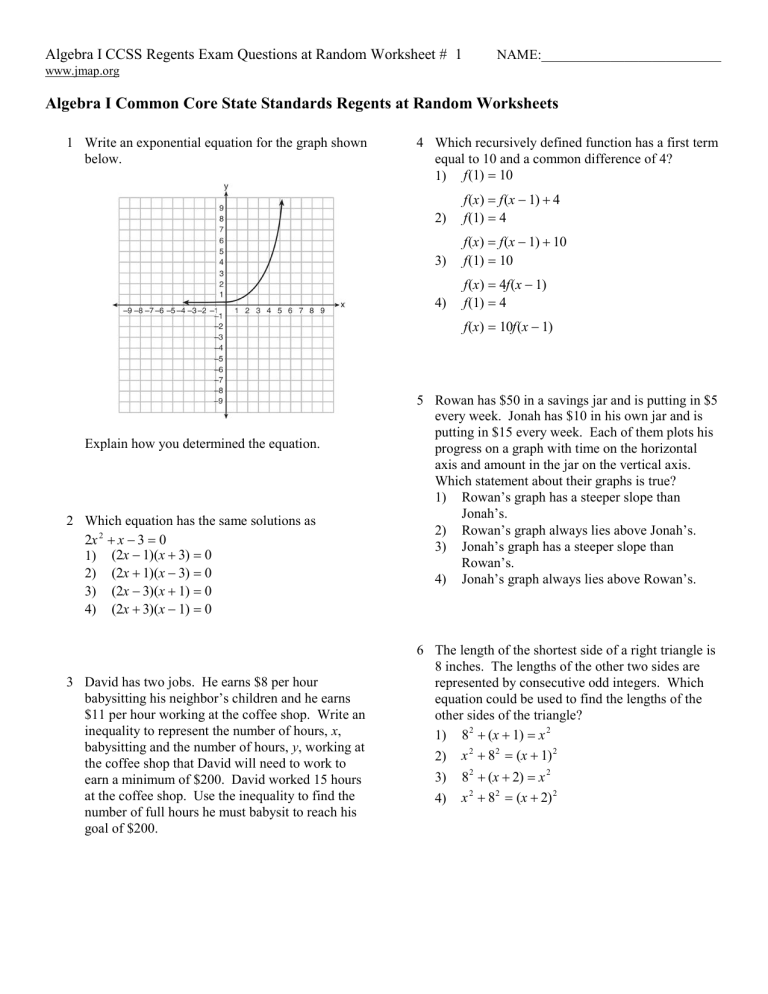 Quadratic Functions Algebra 1 8.2 Worksheet Answer Key