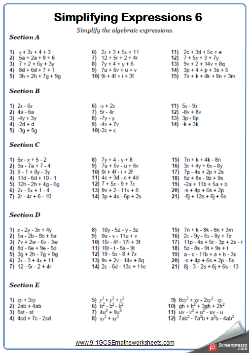 Simplifying Algebraic Expressions Worksheets Grade 9