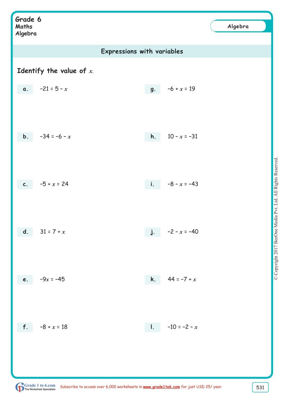 Worksheets For Algebra Grade 6
