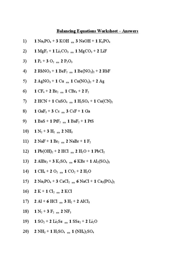 Balancing Equations Worksheet Answers PDF Chemical Substances