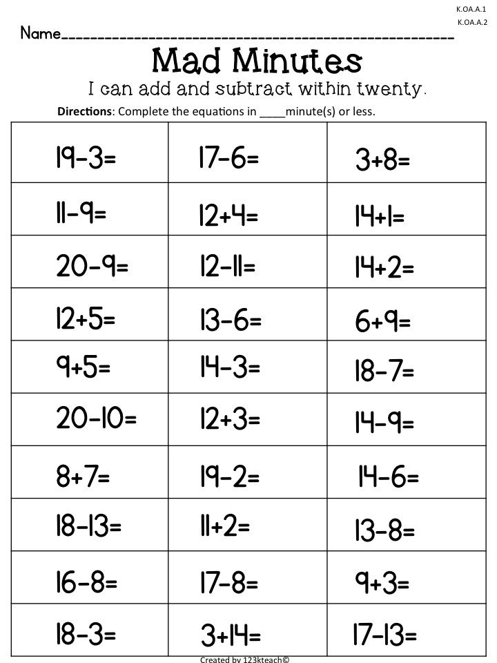 Mad Minutes Addition & Subtraction within twenty Use these Mad