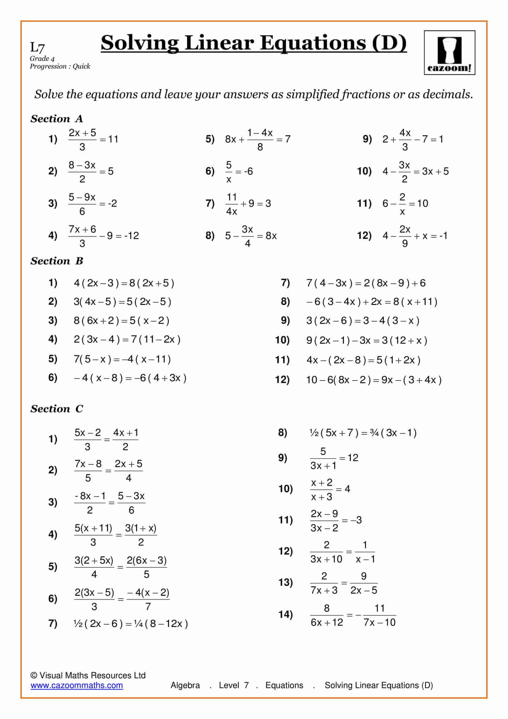 Solving Equations Maths Worksheet Solving linear equations, Algebra