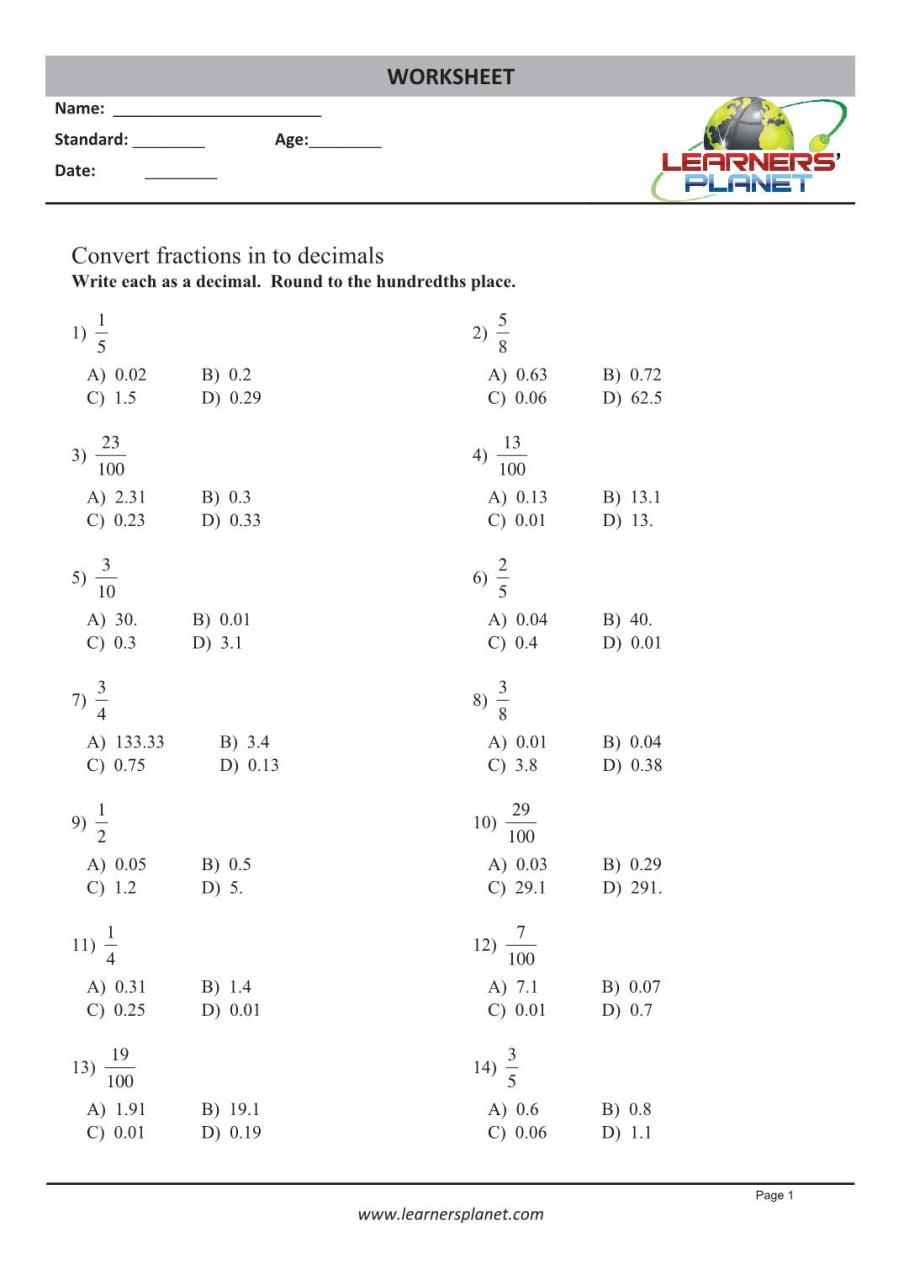 Decimal Worksheet For Grade 5 Cbse Step By Step Worksheet