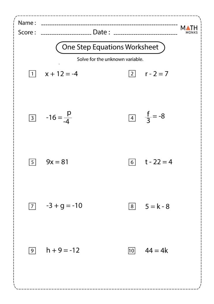 One Step Equation Worksheet Multiplication And Division