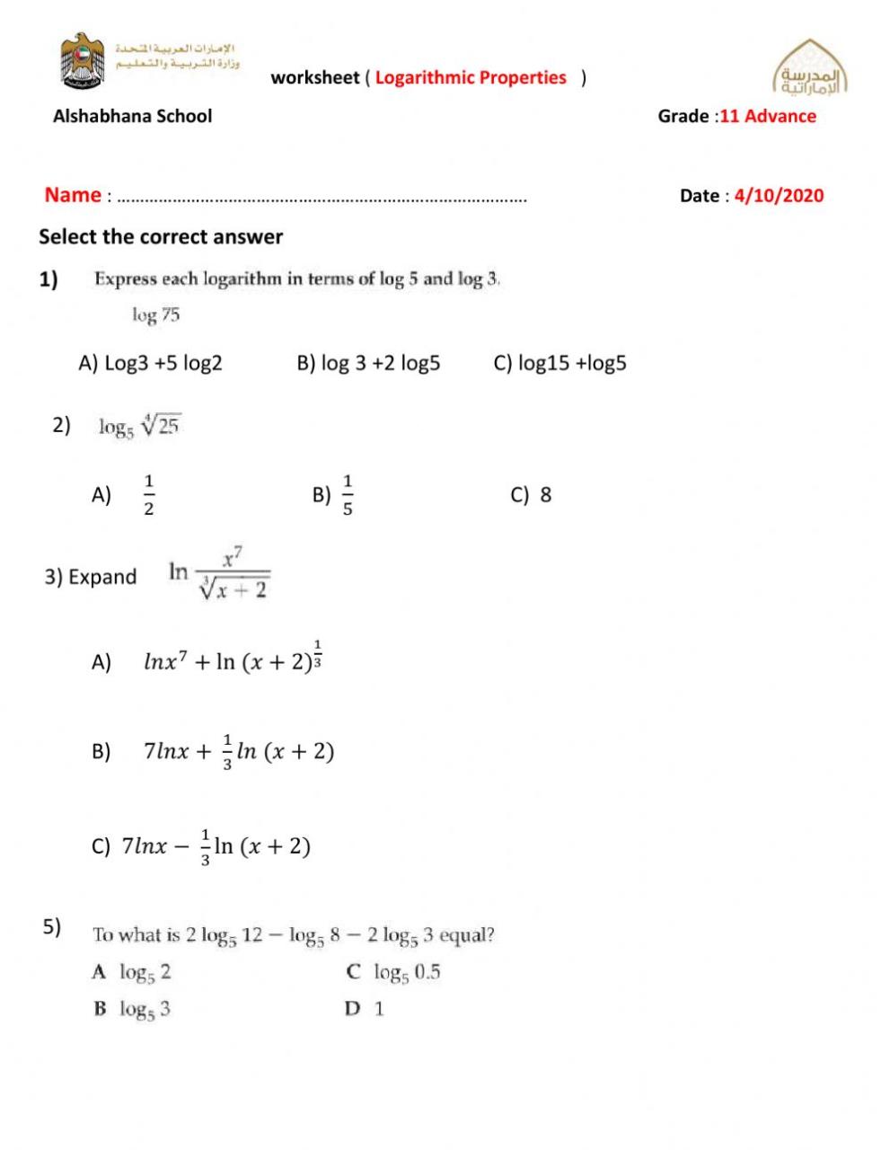 Properties Of Logarithms Worksheet Answers Properties Of Logarithms