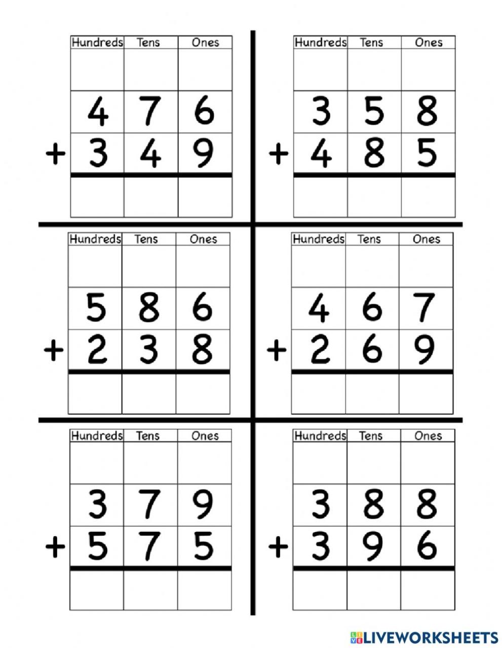 Addition with regrouping online pdf worksheet for Grade 3