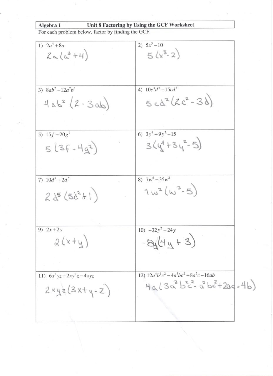 Algebra 1 Factoring Review Worksheet Answers