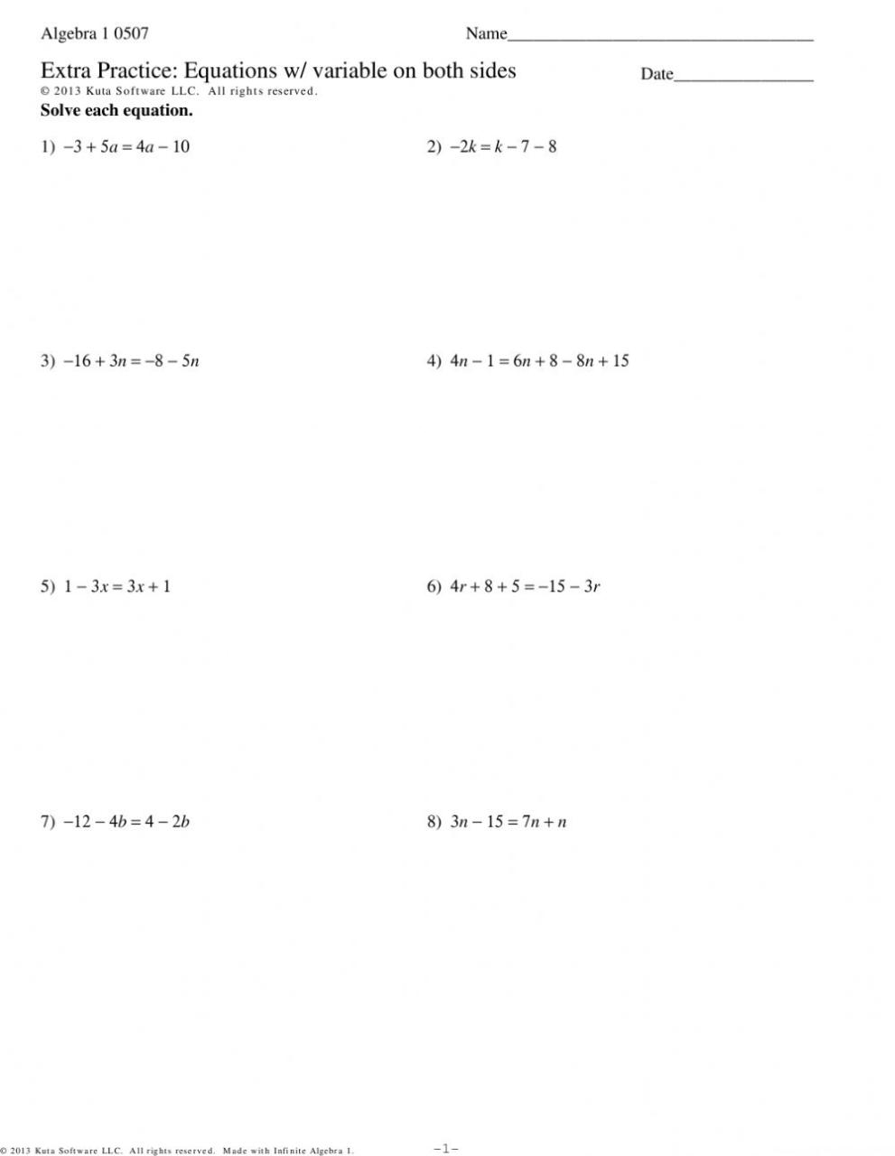 Solving For Specific Variable Worksheet / Solve 1 Variable Equations