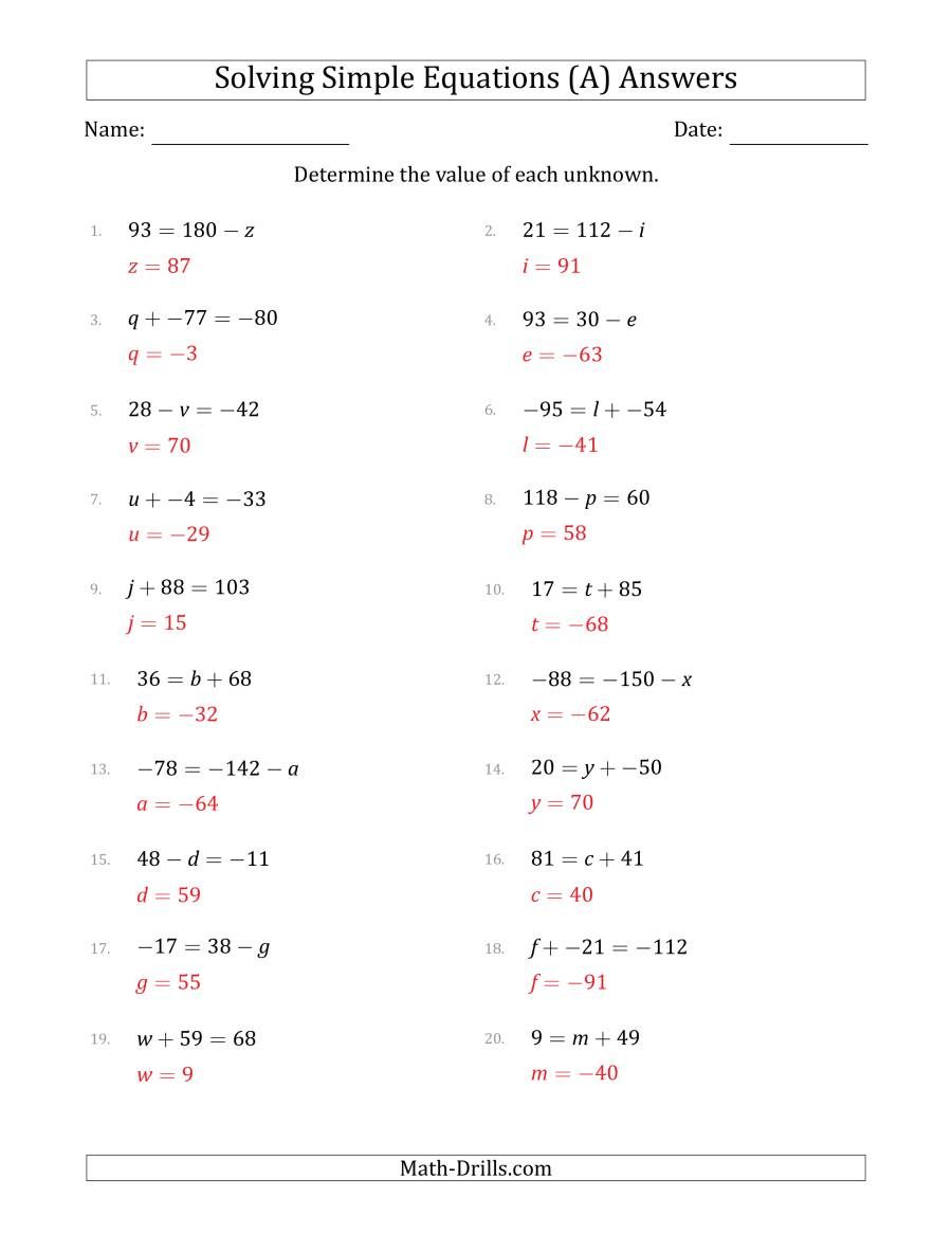 The Solving Simple Linear Equations with Unknown Values Between 99 and