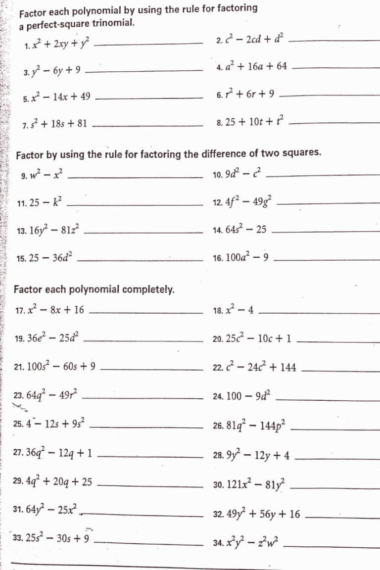 Algebra 1 Worksheet Factoring Gcf And Difference Of Squares Answers
