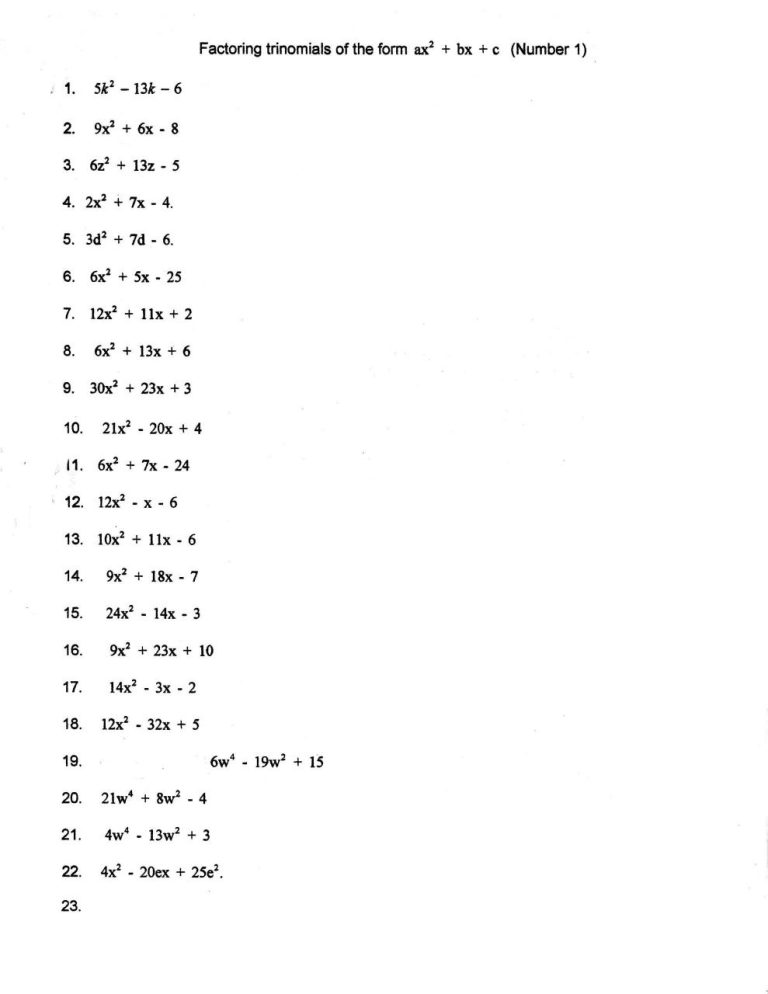 Algebra 1 Worksheet Factoring Trinomials
