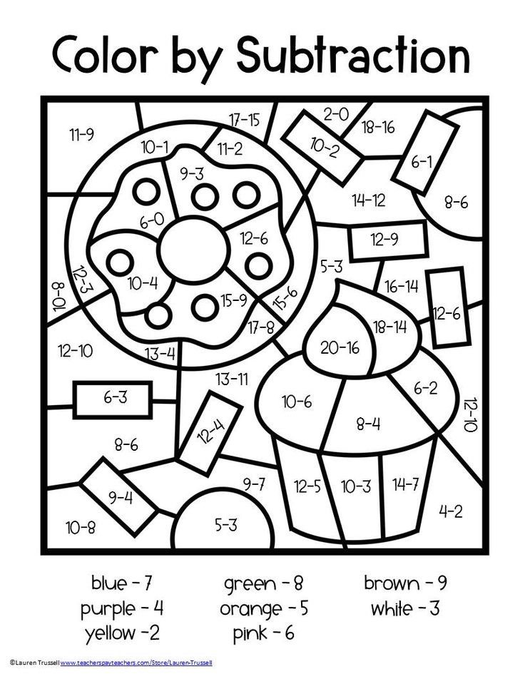 Subtraction Color by Number Math coloring worksheets, 2nd grade math