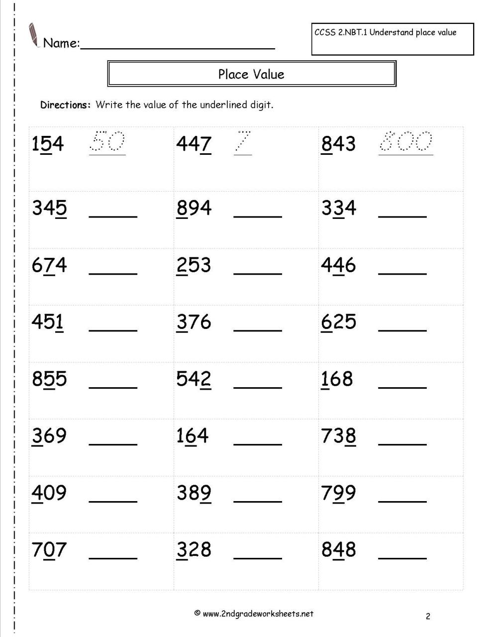 Math Place Value Worksheets 2nd Grade
