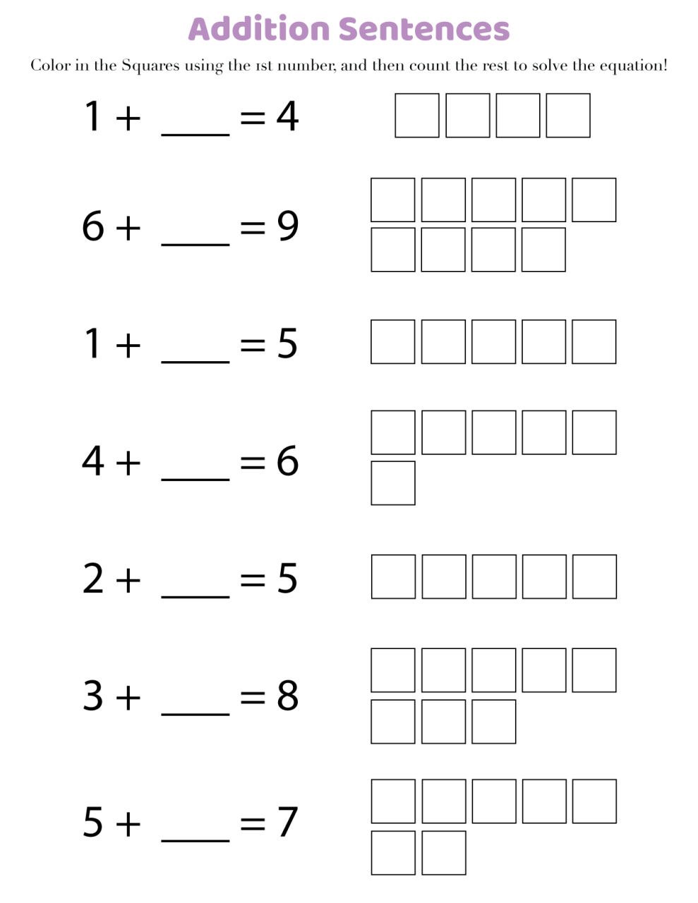 Free printable 1st grade math worksheets (addition) in PDF
