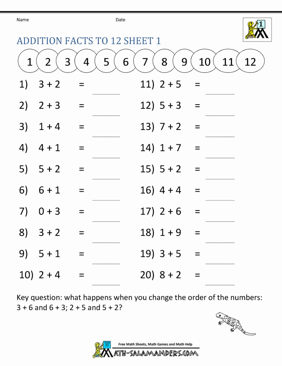 Addition Facts to 20 Worksheets