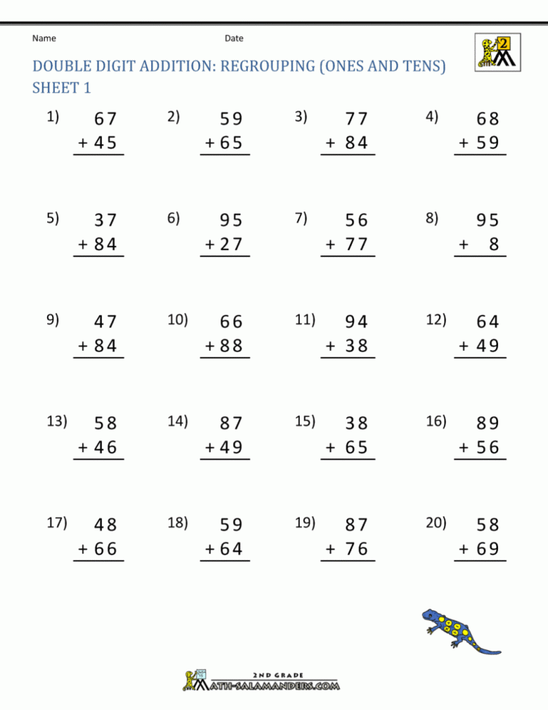 2-Digit Addition With Regrouping Worksheets 2Nd Grade Pdf