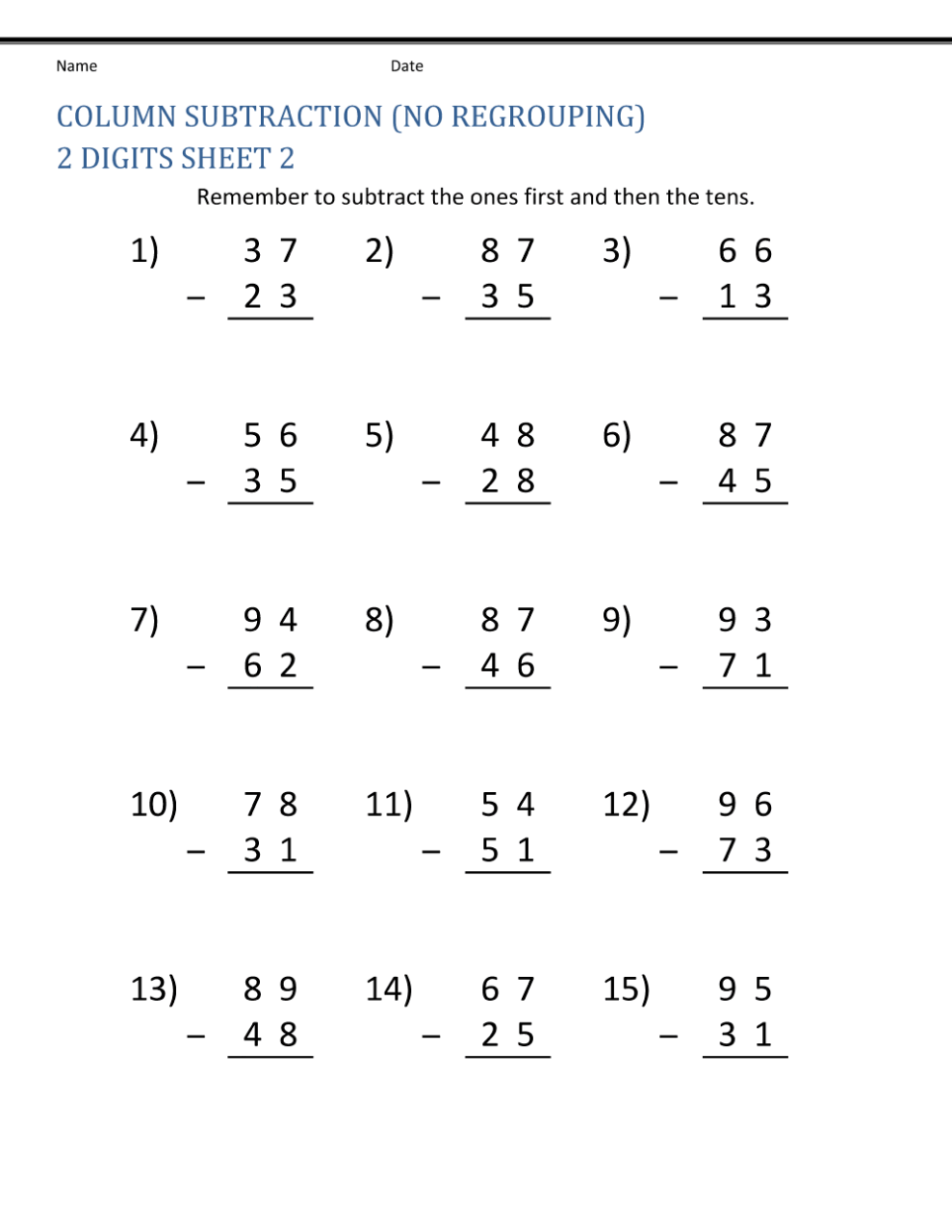 Double Digit Subtraction With Regrouping Pdf 2Digit Minus 2Digit