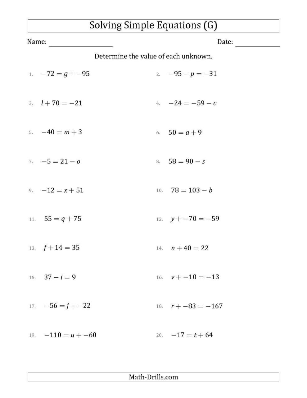 Solving One And Two Step Equations Worksheet Answer Key