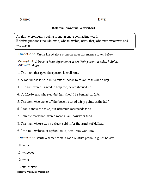 Pronouns Worksheet For Grade 10