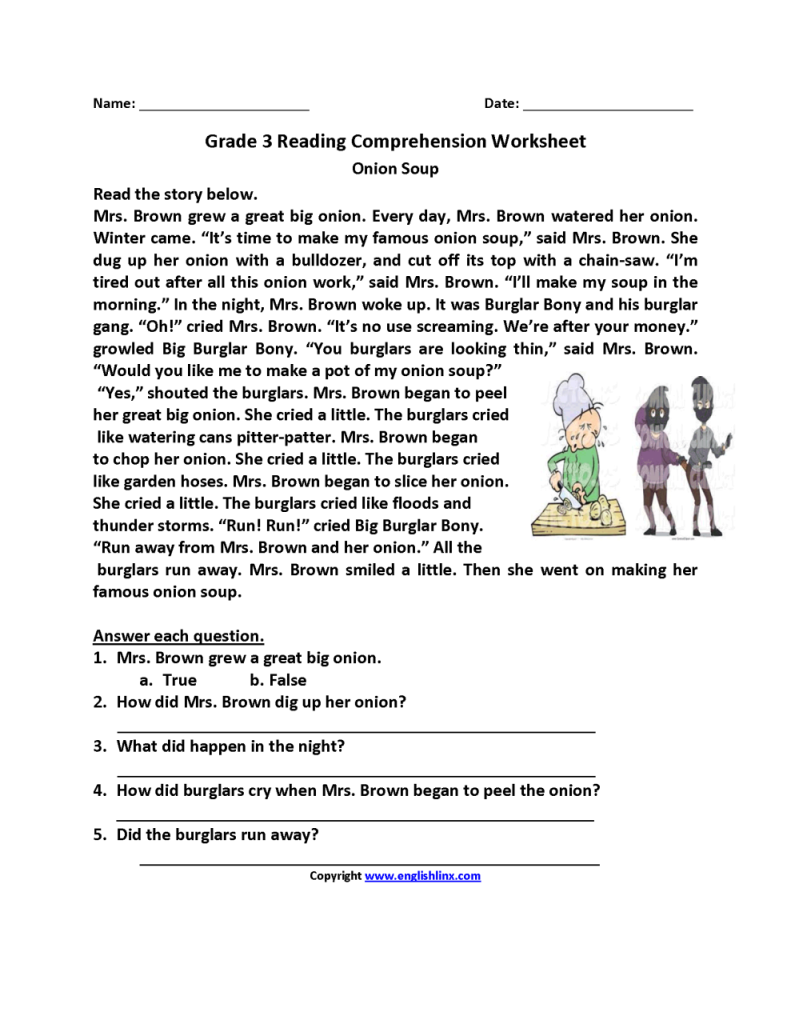 Grade 3 Reading Comprehension Worksheets Onion Soup Answer Key