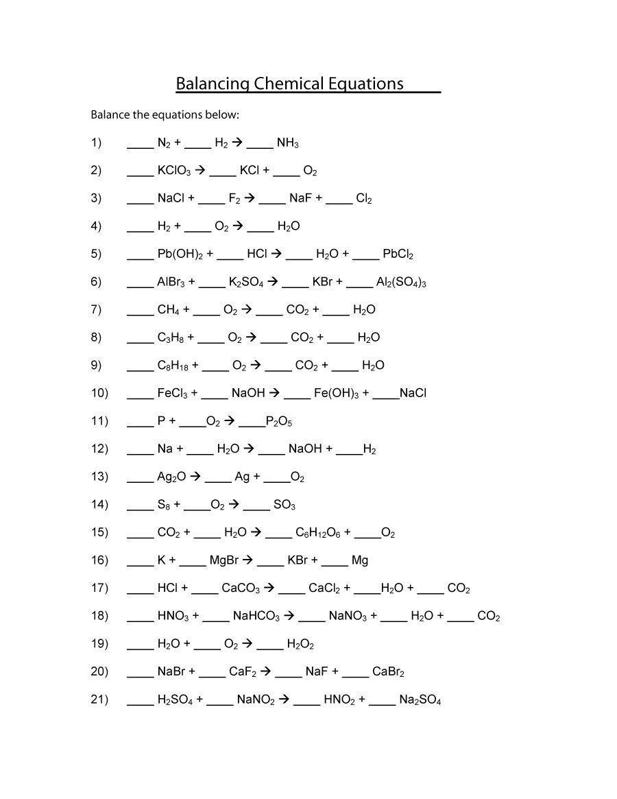 Balancing Equations Chem Worksheet 10-2 Answers