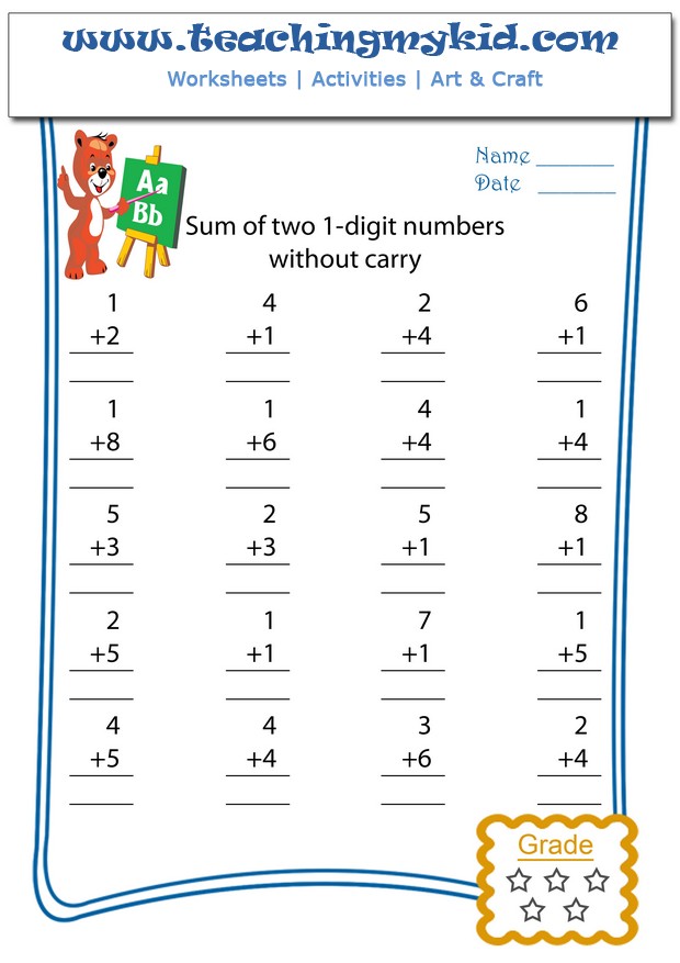 Addition worksheets Sum of two 1digit numbers No carry