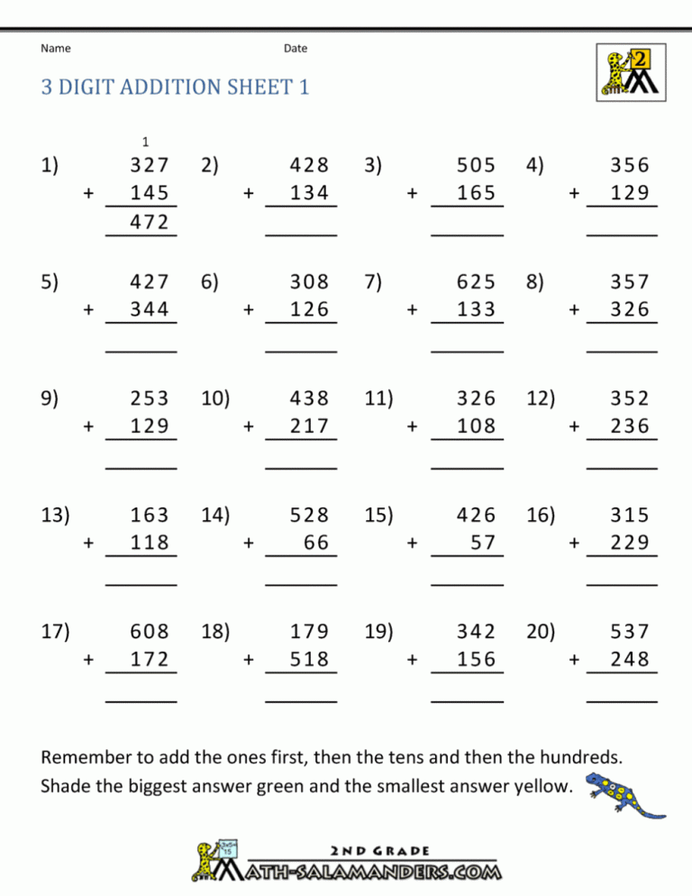 3 Digit Addition With Regrouping Free Worksheets