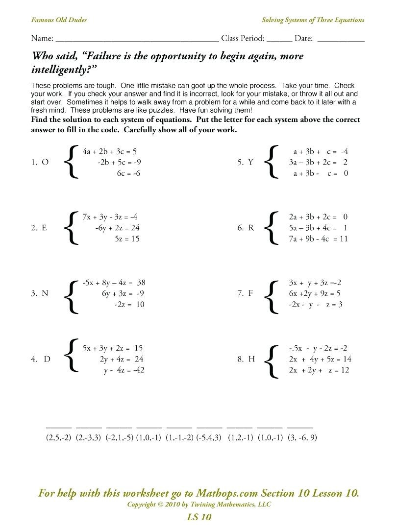 Systems Of Linear Equations Worksheet —