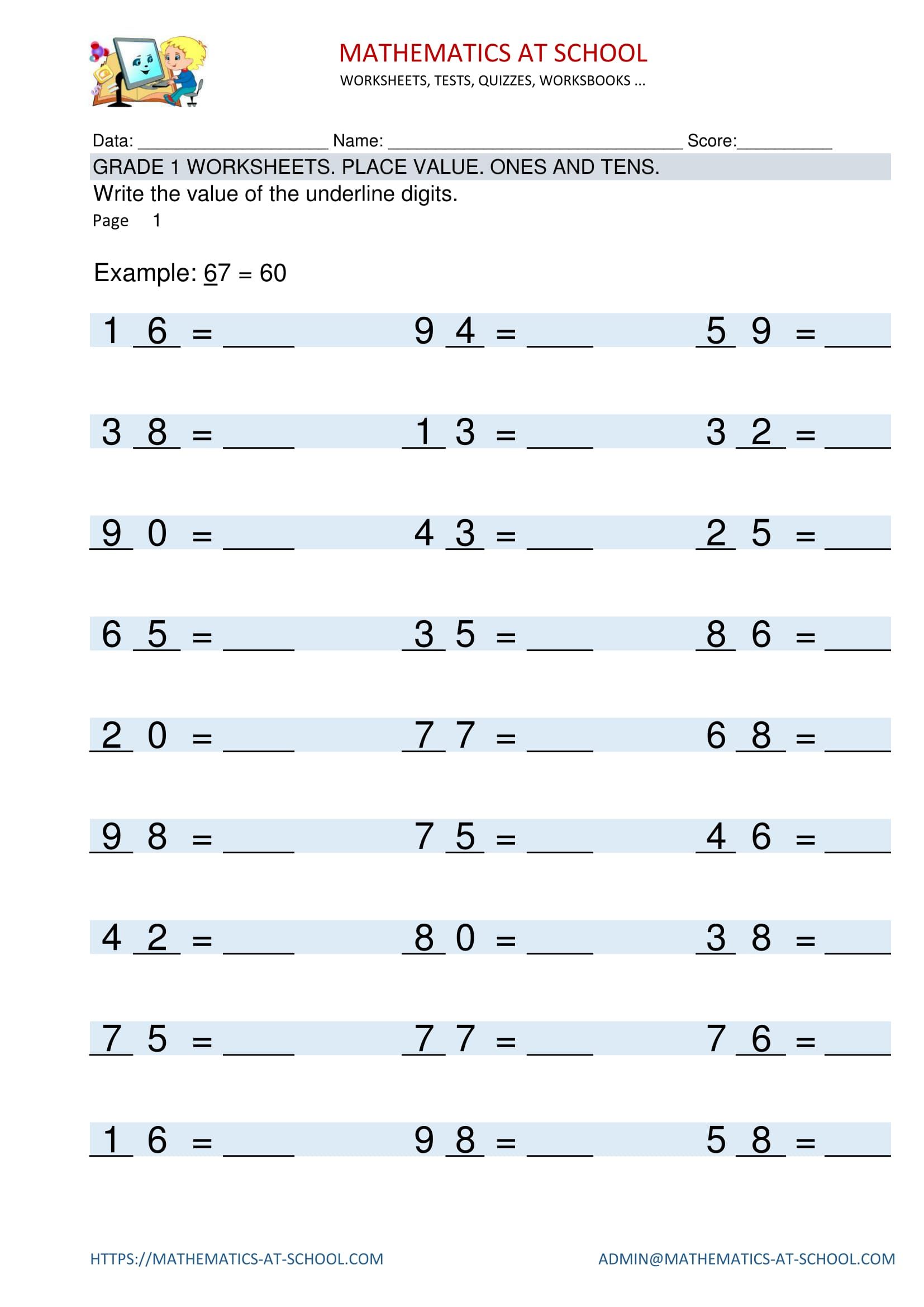 GRADE 1 WORKSHEETS Place value Identifying place value of digits, ones