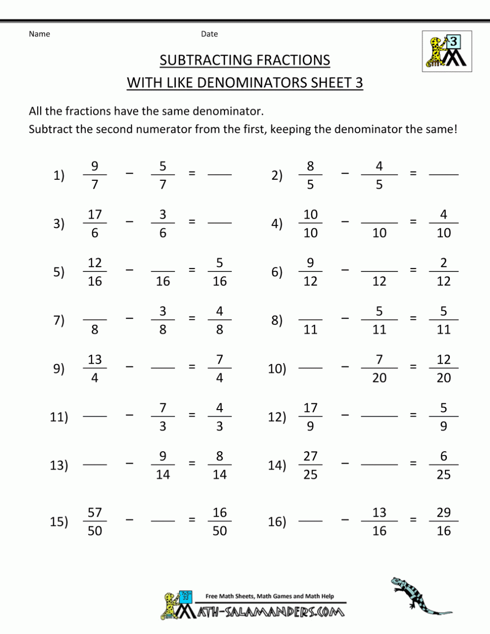 Addition And Subtraction Of Fractions Worksheets Grade 7