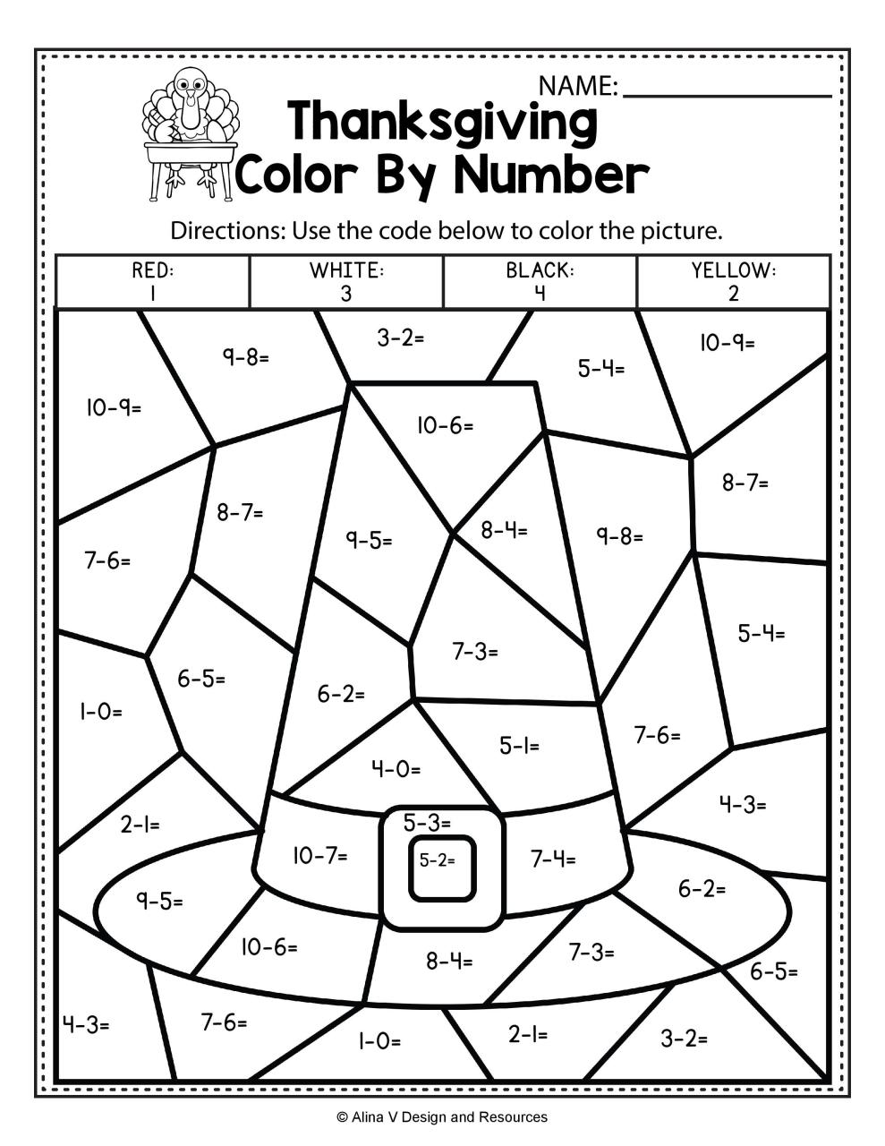 Thanksgiving Color By Number Subtraction Math Worksheets and