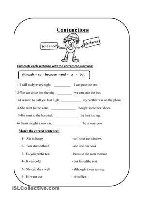 English Worksheets For Grade 2 Conjunctions