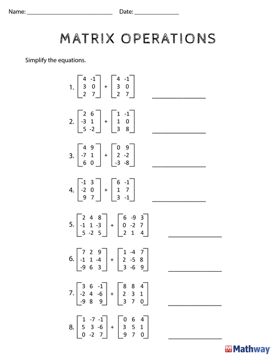 Answer Key Matrix Multiplication Worksheet