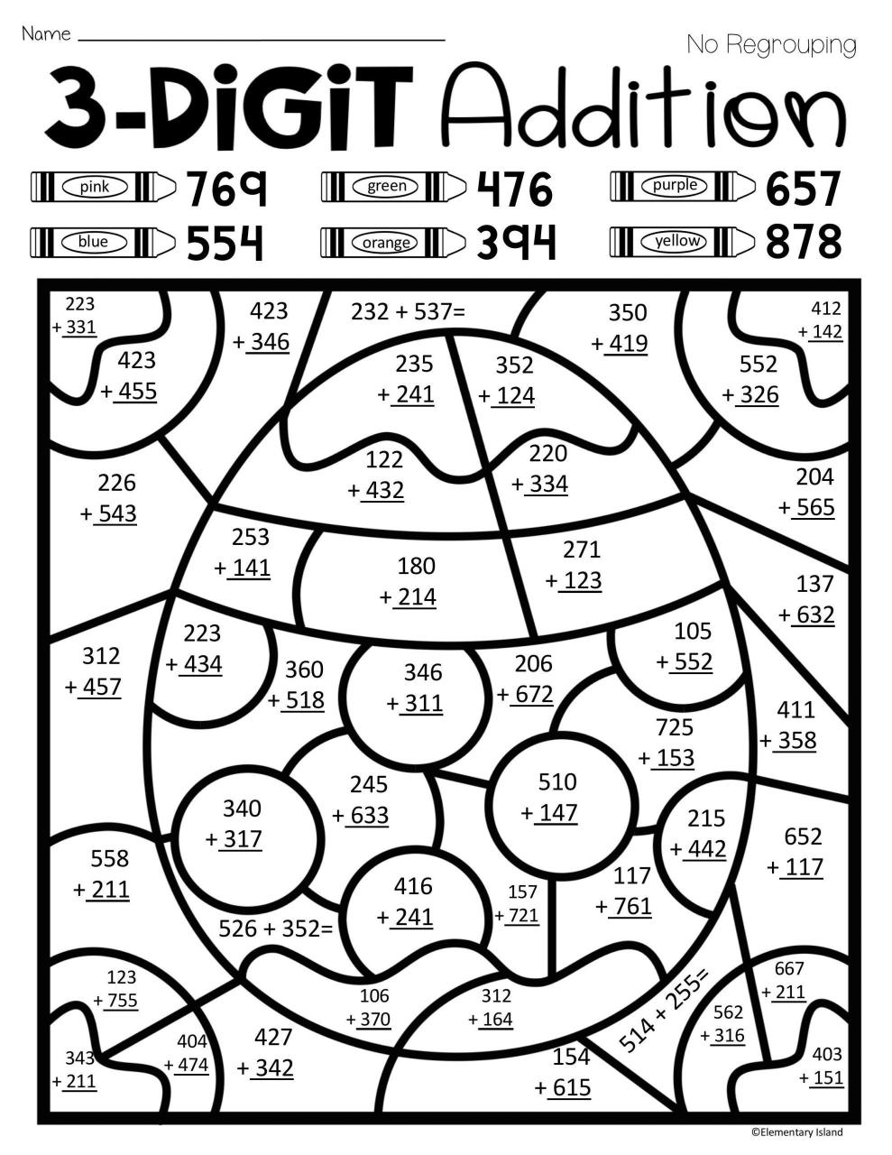 Double Digit Addition Coloring Worksheets Easter Spring Three Digit
