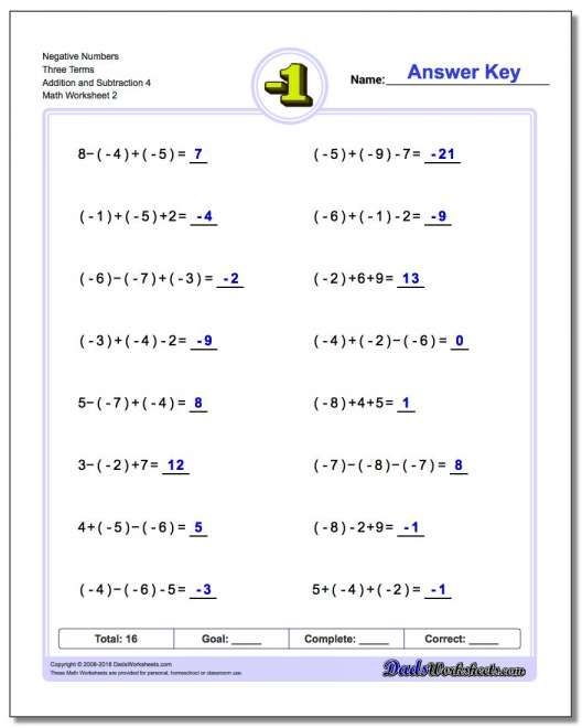 Integers Addition And Subtraction Worksheet Grade 6