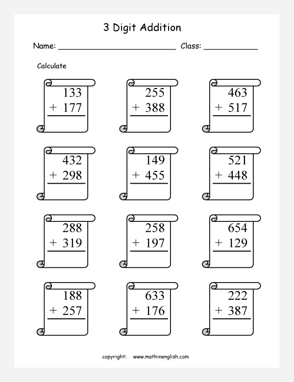Free 3 Digit Addition Without Regrouping Worksheets